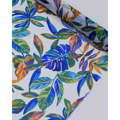 Tecido Crepe Chiffon Italiano Macro Folhas Coloridas e Branco (Com Leves Defeitos)