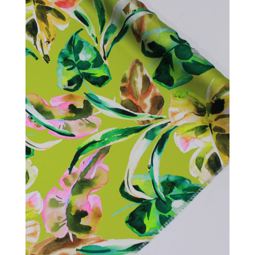 Tecido Crepe Silk Italiano Macro Folhagens Abstratas Colorido e Verde Oliva