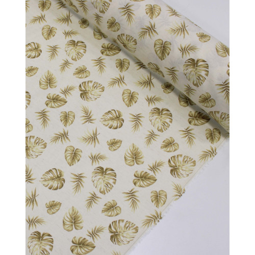 Tecido Linho Misto Camisaria Folhagens Tons de Bege e Offwhite
