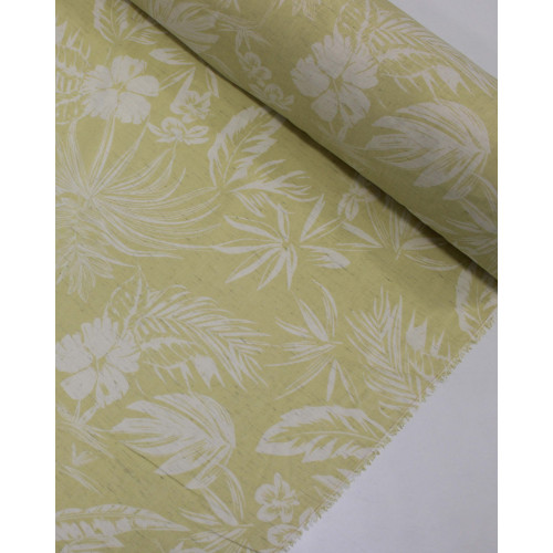 Tecido Linho Misto Camisaria Folhagens e Flores Branco e Amarelo Requinte