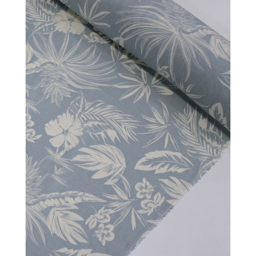 Tecido Linho Misto Camisaria Folhagens e Flores Offwhie e Azul Cinza Ártico