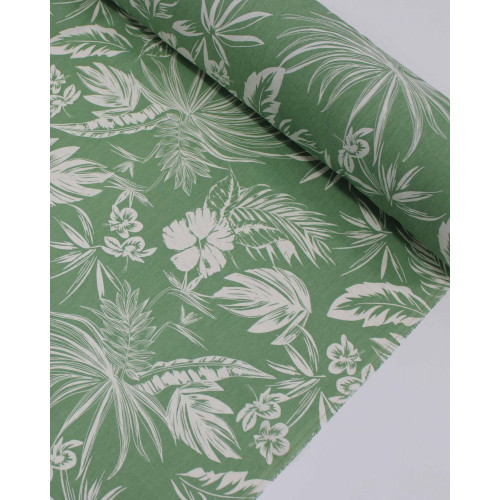 Tecido Linho Misto Camisaria Folhagens e Flores Branco e Verde