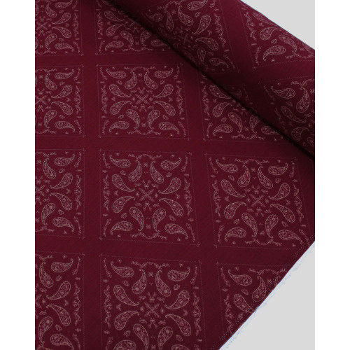 Tecido Viscose Texturizada Paisley Delicado em Recortes Bege e Vermelho Carmim