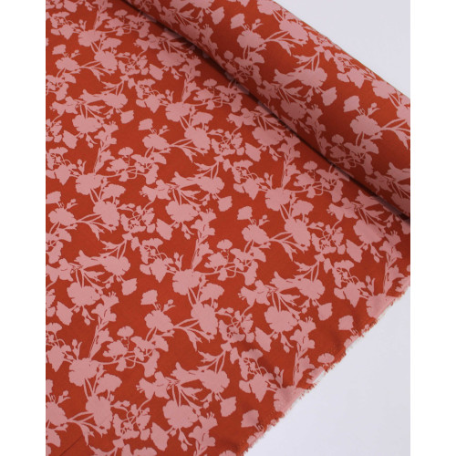 Tecido Viscose Ramos Abstratos Rosa Chá e Vermelho