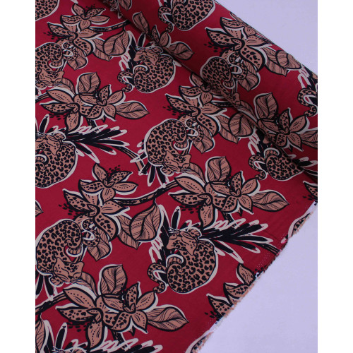 Tecido Viscose Onças em Ramos Rosa Chá e Rosa Viva Magenta