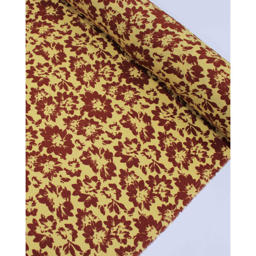 Tecido Viscose Texturizada Tapete Floral Abstrato Marrom e Amarelo