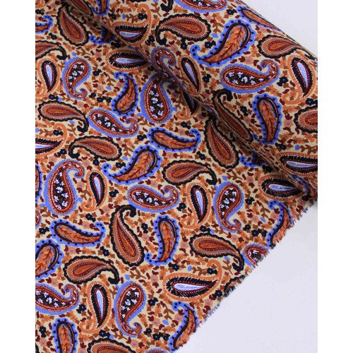 Tecido Viscose Texturizada Estampa Paisley Colorido e Bege