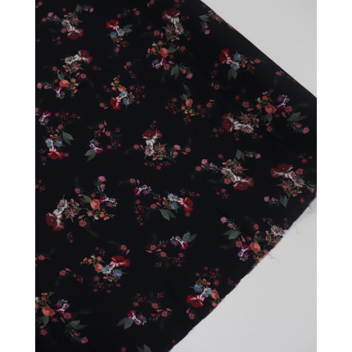 Tecido Viscose Texturizada Buquê Floral Colorido e Preto