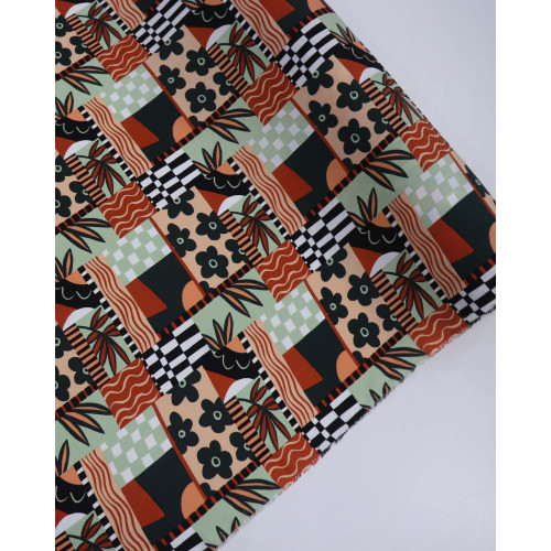 Tecido Viscose Texturizada Multi Estampa Terracota e Verde