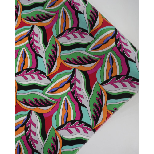 Tecido Viscose Texturizada Macro Folhas Coloridas