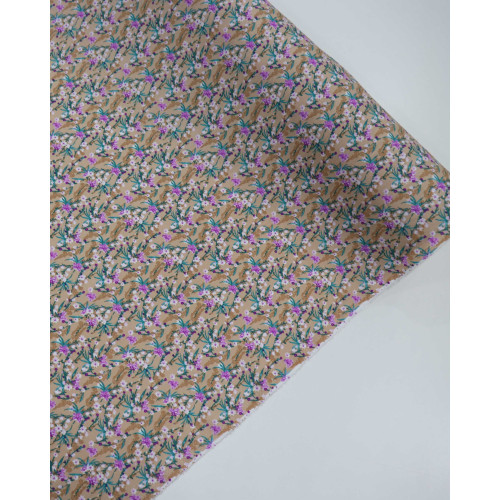 Tecido Viscose Texturizada Micro Buquê Floral Lilás e Bege