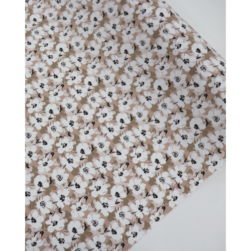 Tecido Viscose Texturizada Tapete Floral Branco e Nude