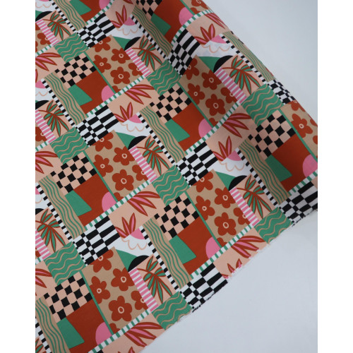Tecido Viscose Texturizada Multi Estampa Terracota e Rosa