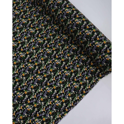 Tecido Viscose Texturizada Micro Buquê Floral Amarelo e Preto