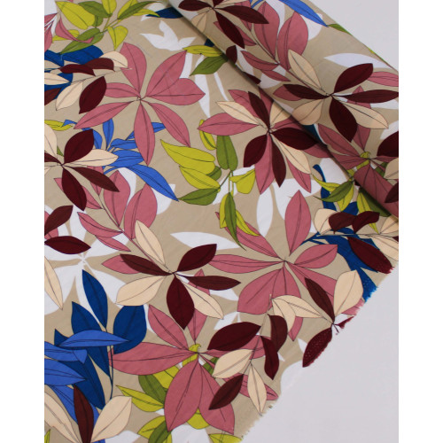 Tecido Viscose Folhagens Colorido e Bege