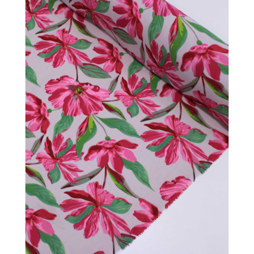 Tecido Crepe Koshibo Macro Flores Verde, Rosa Pink e Rosa Quartzo