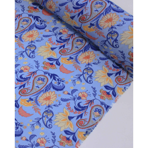 Tecido Crepe Chiffon Grosso Flores e Cashmere em Listras Colorido e Azul