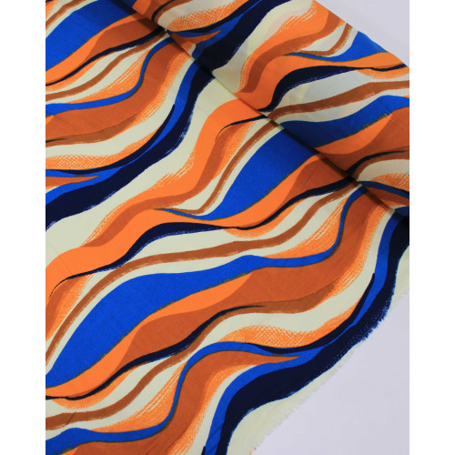 Tecido Viscose Listras Ondulares Azul e Tons Terrosos