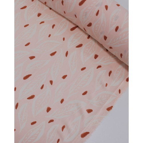 Tecido Crepe Koshibo Macro Folhas Creme, Marrom e Rosa Bebê