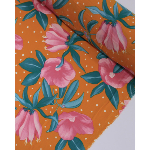Tecido Crepe Koshibo Pingos Irregulares e Macro Flores Rosa, Verde e laranja