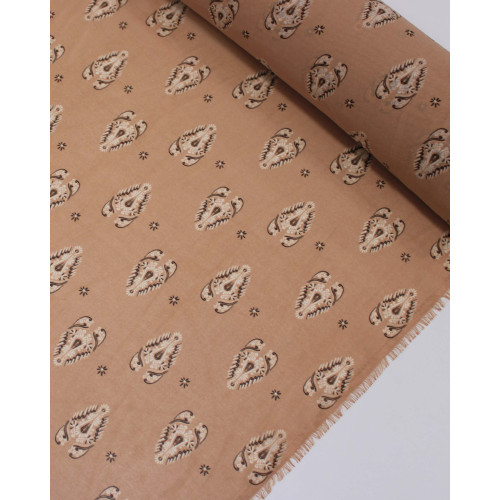 Tecido Crepe Chiffon Grosso Estampa Multi Arabescos Branco, Marrom e Argila