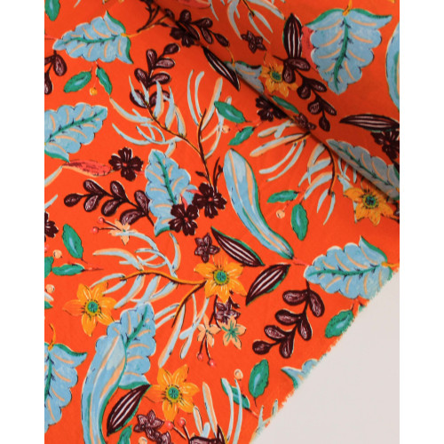 Tecido Crepe Koshibo Ramos e Flores Colorido e Laranja
