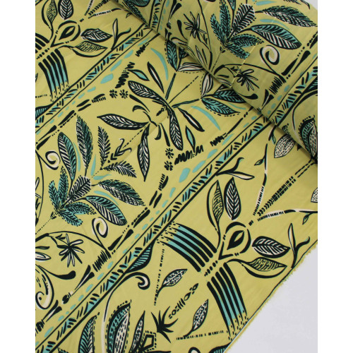 Tecido Crepe Koshibo Ramos Abstratos Entre Listras Verde e Amarelo Requinte