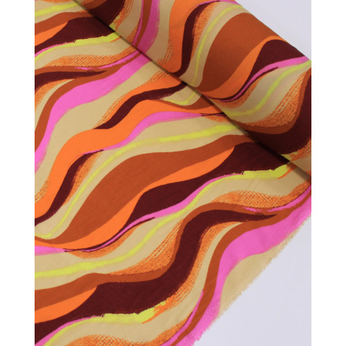 Tecido Viscose Listras Ondulares Rosa e Tons Terrosos