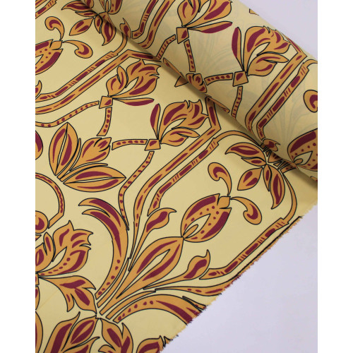 Tecido Crepe Koshibo Macro Arabescos Vermelho e Tons de Amarelo