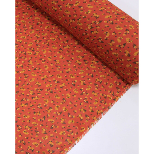 Tecido Crepe Chiffon Grosso Micro Tapete Floral Preto, Laranja e Vermelho