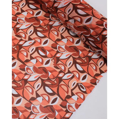 Tecido Crepe Chiffon Grosso Folhas Abstratas Tons Quentes
