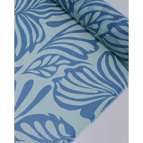 Tecido Crepe Chiffon Grosso Macro Folhas Tons de Azul