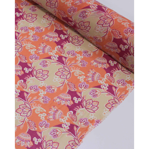 Tecido Crepe Chiffon Grosso Flores em Arabescos Bege Claro, Roxo e Coral