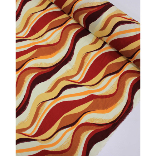 Tecido Viscose Listras Ondulares Vermelho e Tons Terrosos