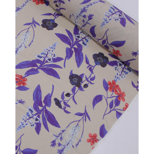 Tecido Viscose Ramos Florais Colorido e Bege