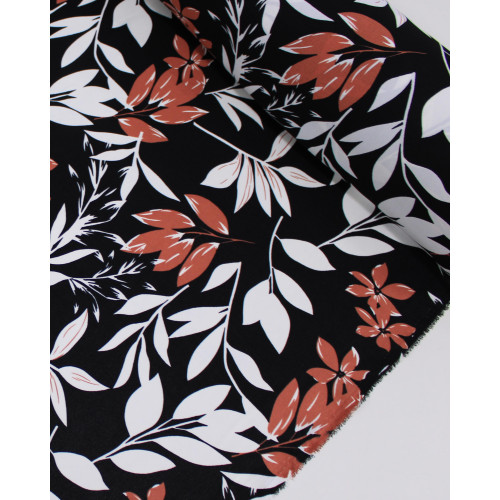 Tecido Crepe Koshibo Macro Ramos Castanho, Branco e Preto