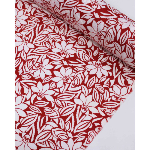 Tecido Crepe Sarjado Folhas e Flores Abstratas Branco e Vermelho