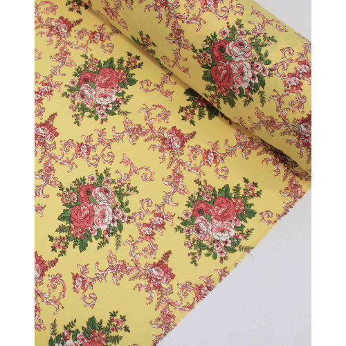 Tecido Crepe Sarjado Macro Buquê Floral Rosa, Verde e Amarelo