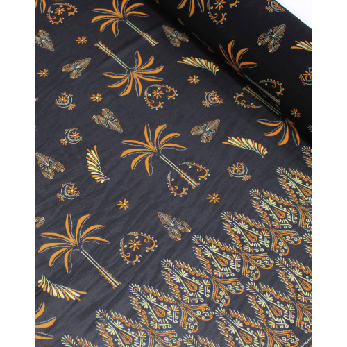 Tecido Crepe Chiffon Grosso Barrado Duplo Palmeiras e Arabescos Bege, Laranja e Preto