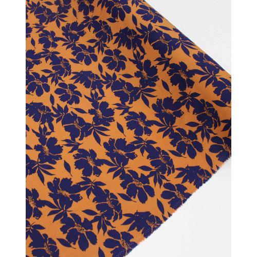Tecido Viscose Macro Floral Abstrato Azul Marinho e Ferrugem