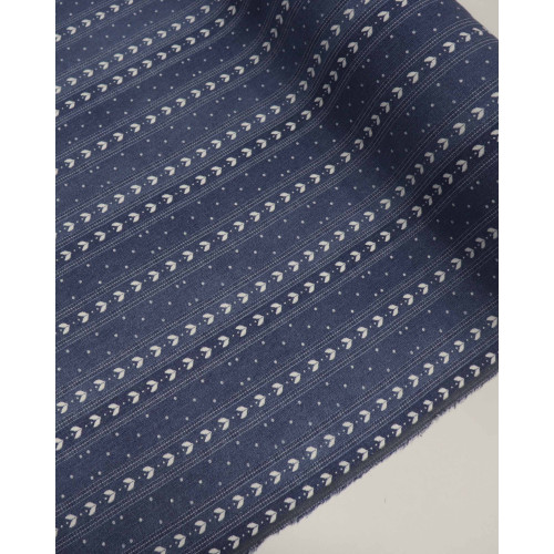 Tecido Linho Misto Estampado Corações e Poá Branco e Azul Jeans