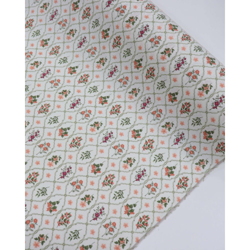 Tecido Linho Misto Estampado Multi Floral Contornado Coral, Verde e Offwhite