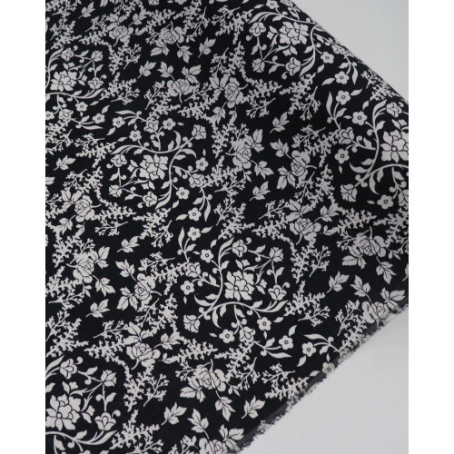 Tecido Linho Misto Estampado Arabesco Floral Branco e Preto Mescla