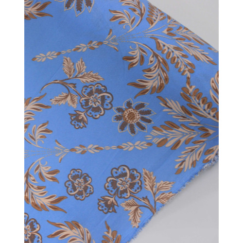 Tecido Crepe Koshibo Folhas e Flores Castanho, Bege e Azul Bebê