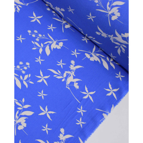 Tecido Crepe Koshibo Ramos Florais Branco e Azul Celeste