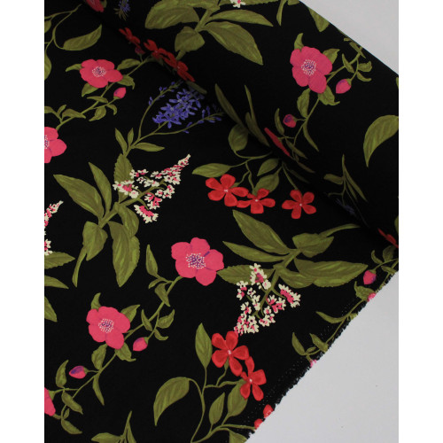 Tecido Viscose Texturizada Macro Ramos Florais Verde, Tons de Rosa e Preto