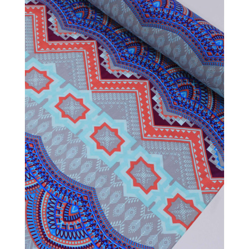 Tecido Tactel Fino Multi Barrado Vertical Estampado Azul, Roxo e Cinza