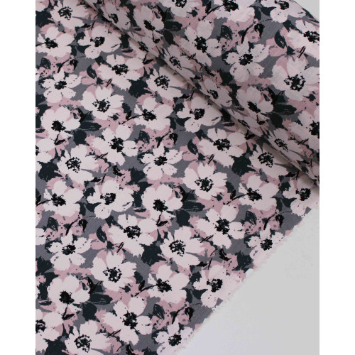 Tecido Viscose Texturizada Tapete Floral Abstrato Tons de Rosa e Tons de Cinza