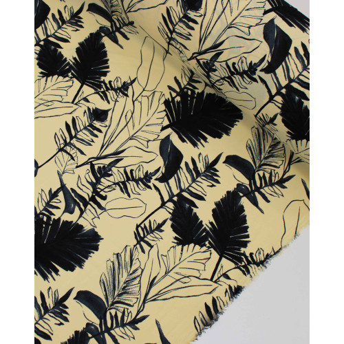 Tecido Crepe Koshibo Folhas Pretas e Creme