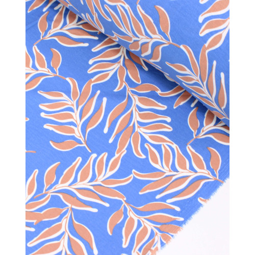 Tecido Crepe Koshibo Ramos Castanho, Branco e Azul